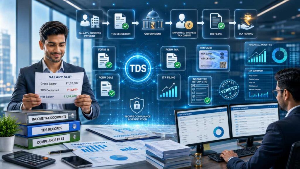 Professional illustration showing Tax Deducted at Source (TDS) process in India with salaried employee, business owner, Form 16, Form 26AS, AIS, Income Tax Return, tax refund workflow, PAN card, and financial compliance dashboard.
